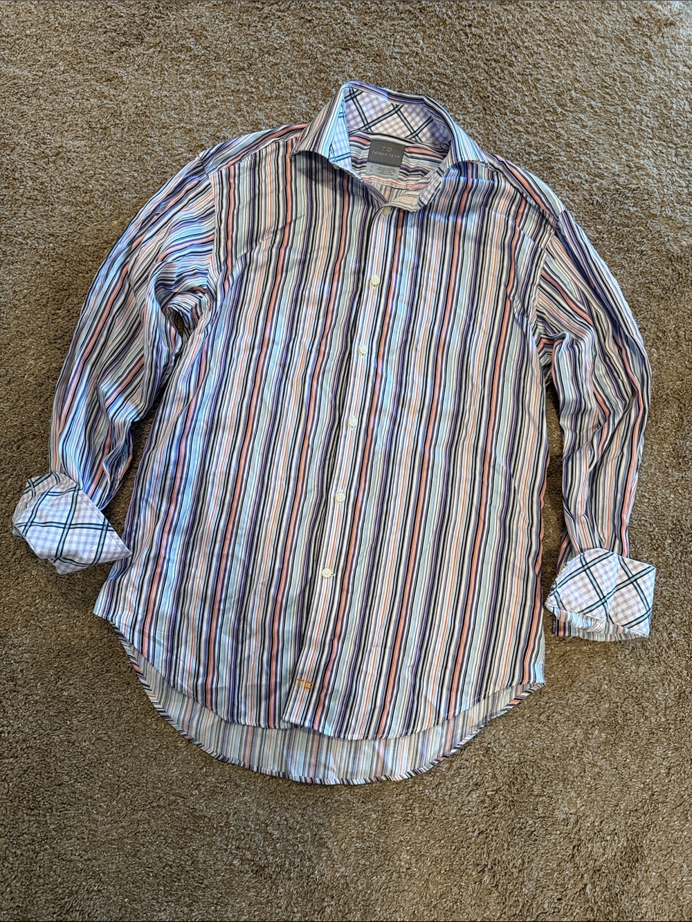 Thomas Dean White Dress Shirt with multi color Stripes